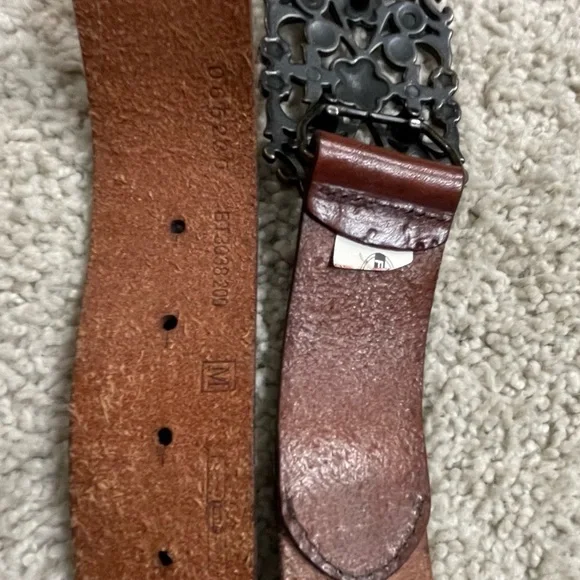 Women's FOSSIL Brown TOOLED Leather STUDDED Rhinestone BOHEMIAN Hippie BELT M - Picture 4 of 4